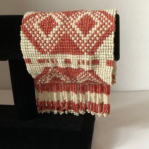 Beige and Coral Aztec Seed Beaded Stretch Bracelet